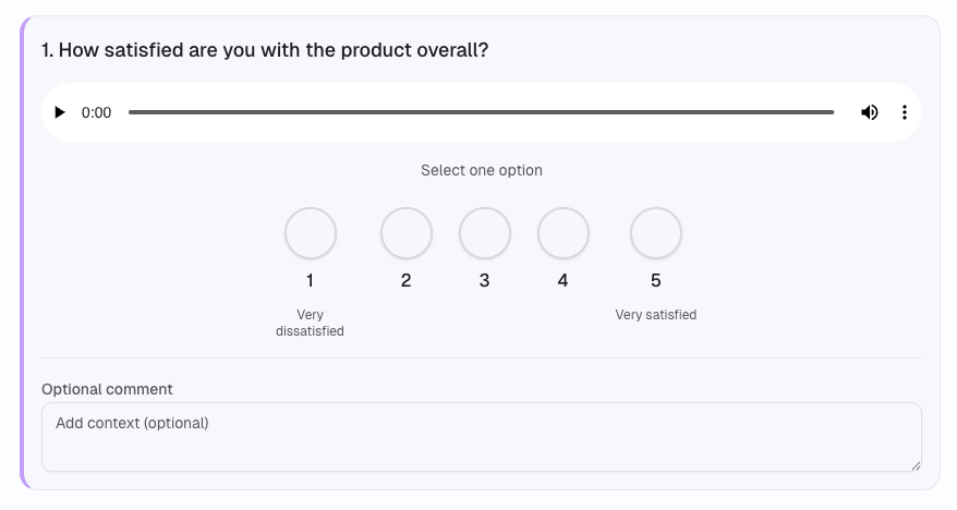Question with an audio clip and an optional comment field.