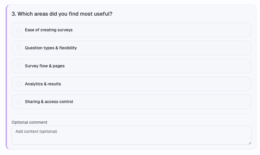 Multiple choice question with options and an optional comment field.