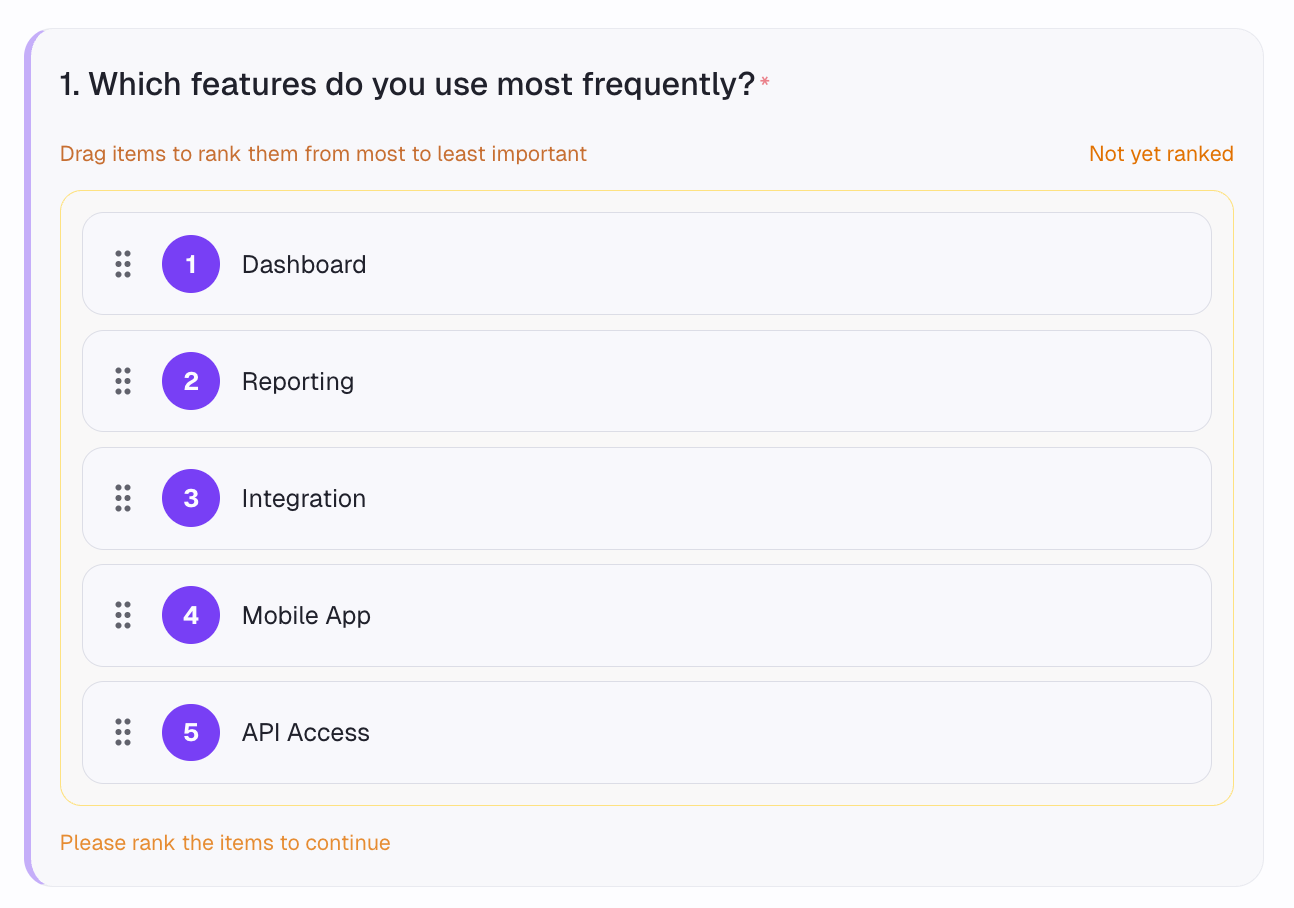Ranking question showing drag-and-drop interface for ordering items.