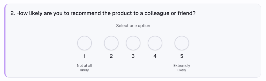 Scale question with a labeled 1–10 rating and endpoint meanings.