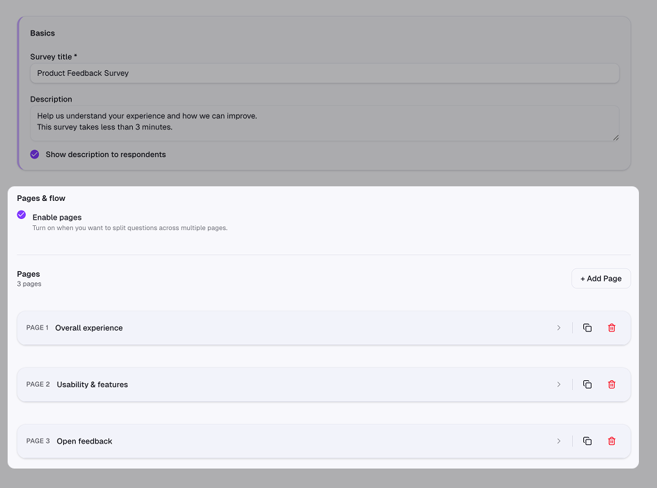 Survey builder showing multiple pages, each containing a small group of related questions.