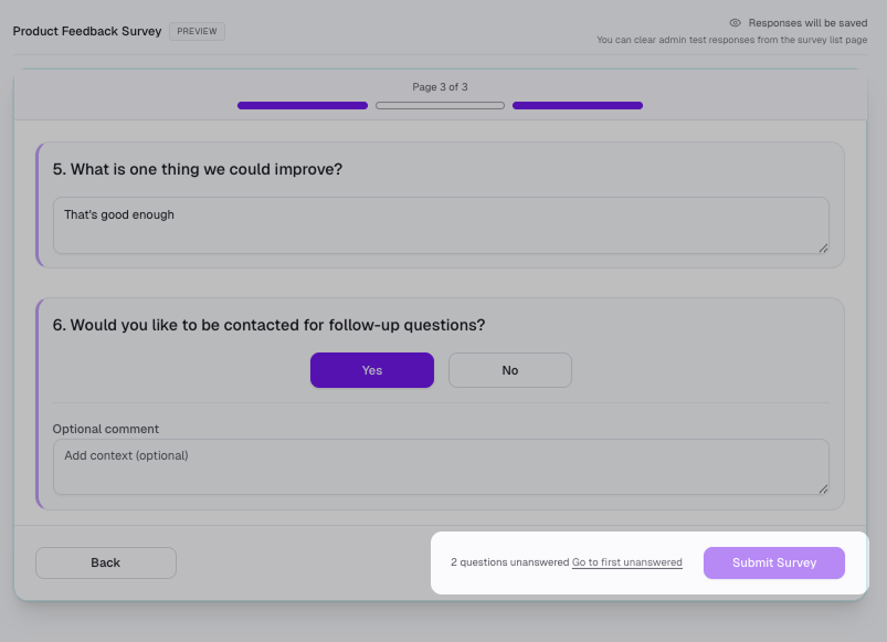 Inline reminder near the submit button indicating unanswered questions and a link to the first missing one.