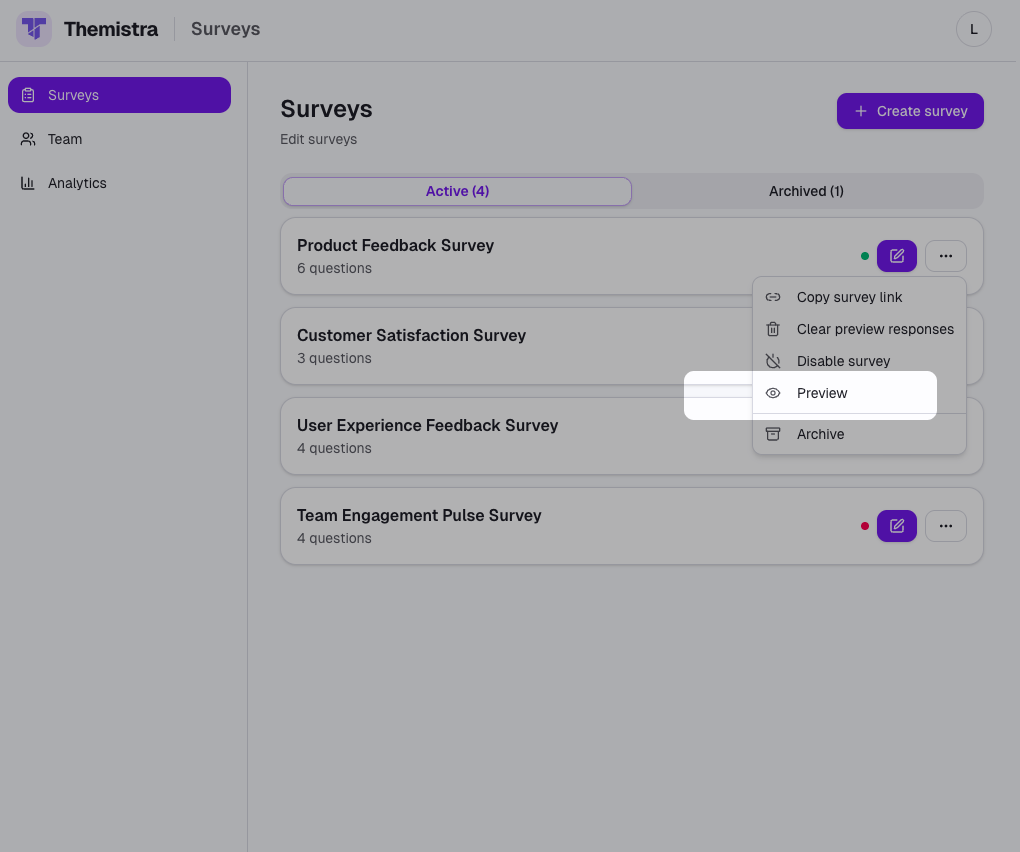 Admin preview mode of a survey with questions and layout controls.